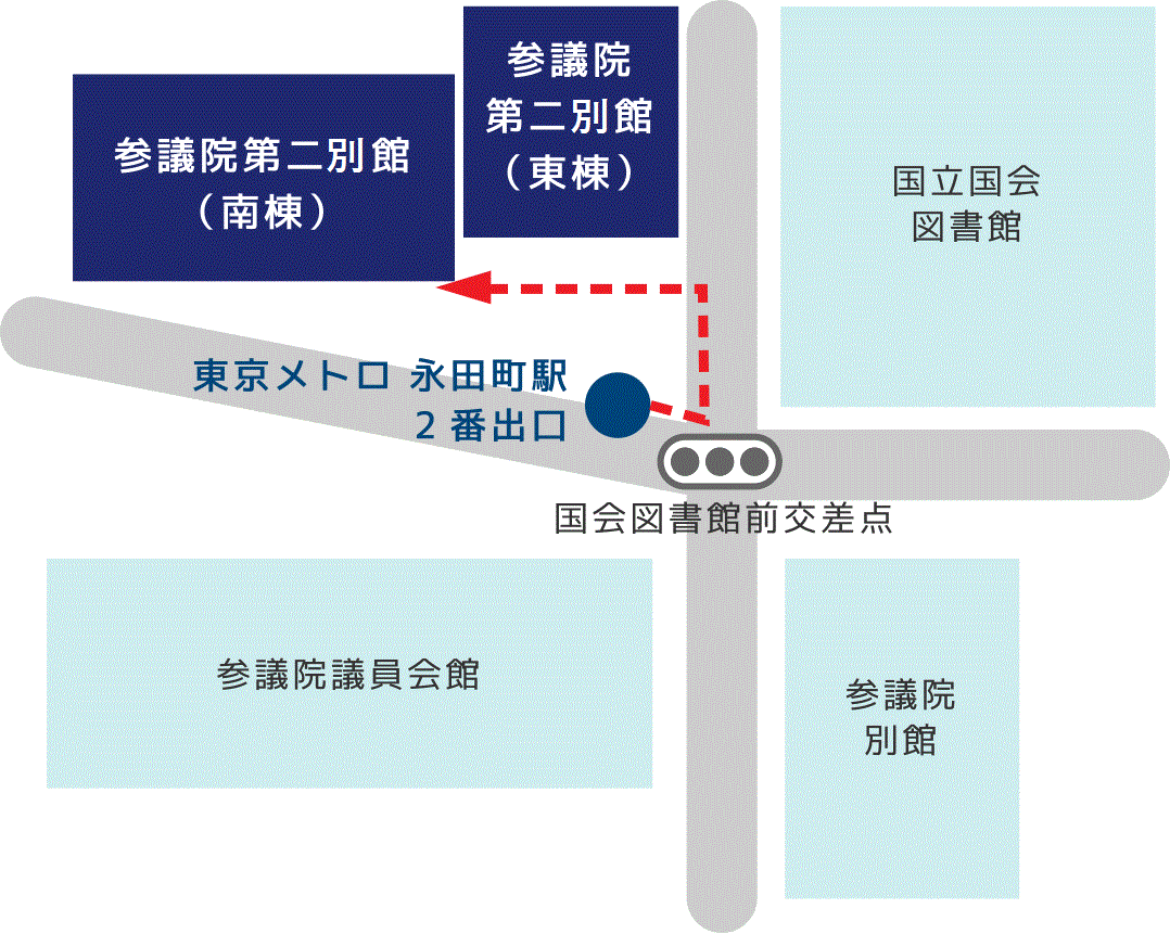 永田町駅から参議院第二別館（南棟）までのルート。東京メトロ永田町駅2番出口よりすぐの国会図書館前交差点を左折。道路を挟んで右手に国立国会図書館、左手に参議院第二別館（東棟）があり、参議院第二別館（東棟）手前で左折すると正面奥に参議院第二別館（南棟）があります。